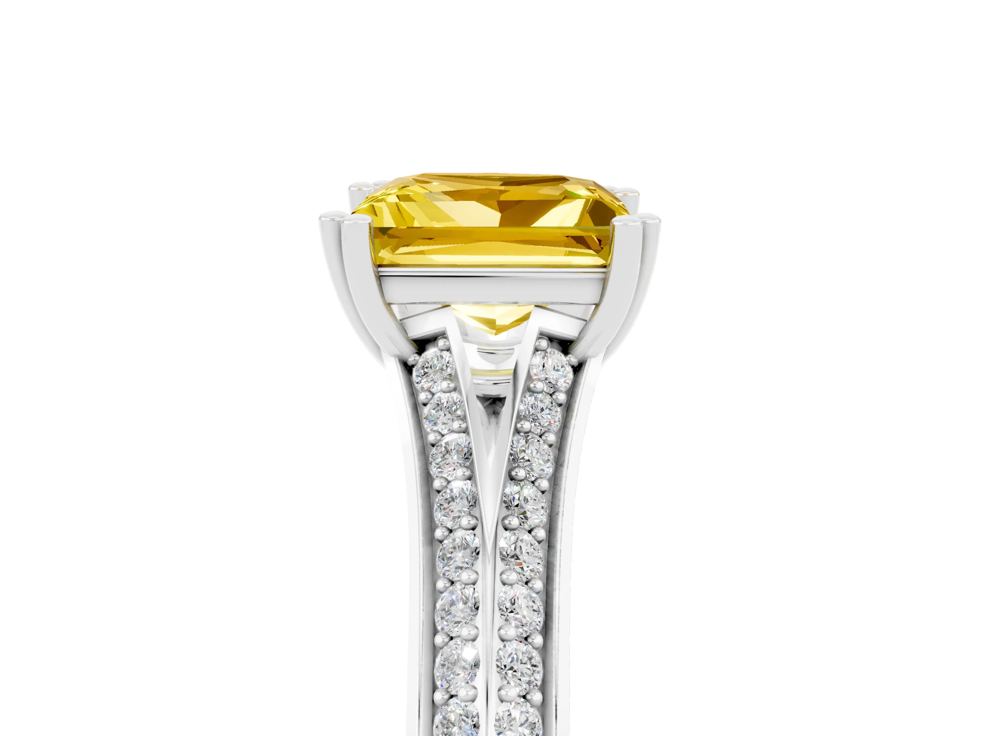 White gold Princess Cut Yellow Sapphire Split Shank Engagement Ring with Pavé Band_29