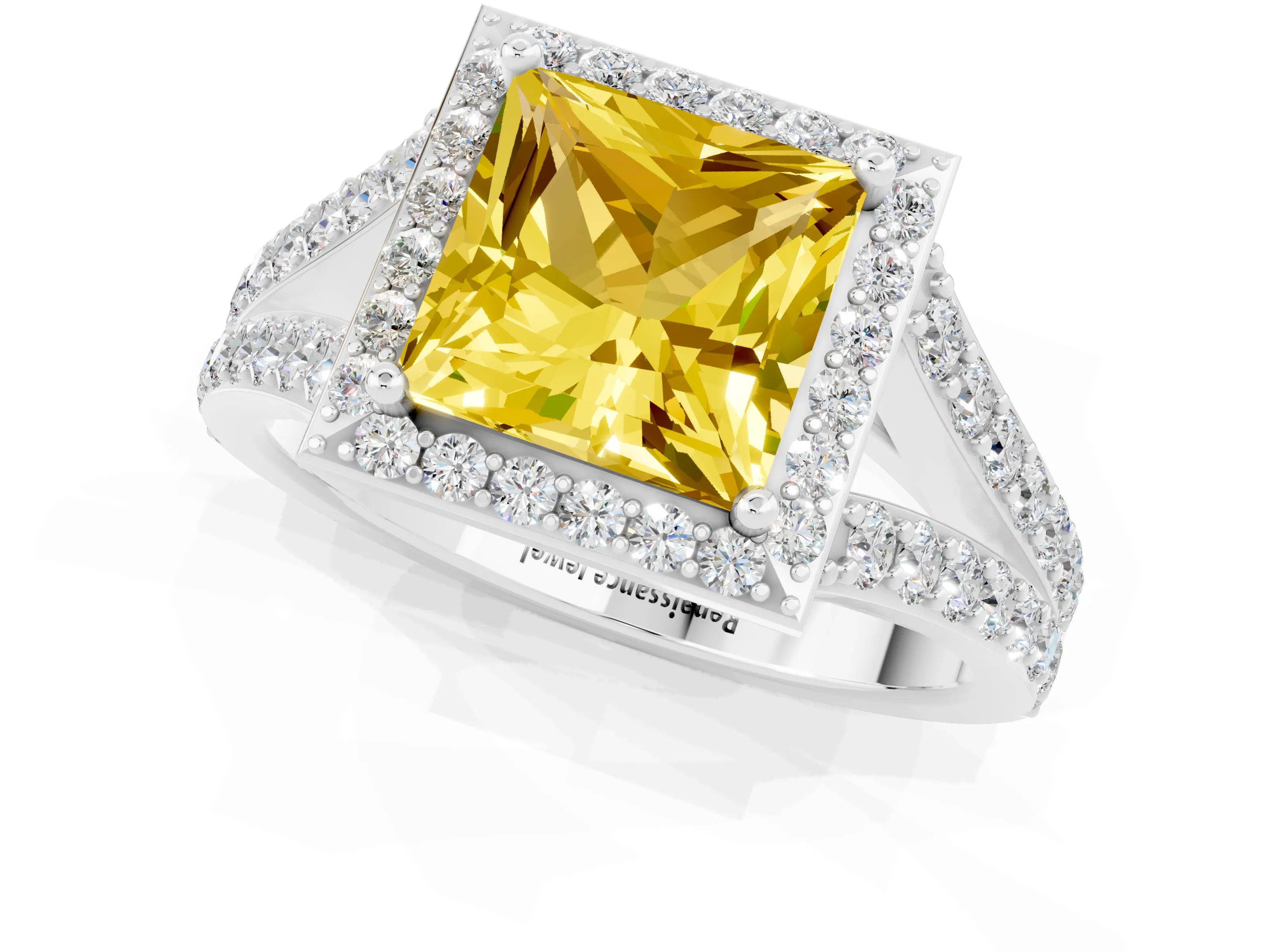 White gold Princess Cut Yellow Sapphire Split Shank Halo Ring with Four-Prong Setting_55