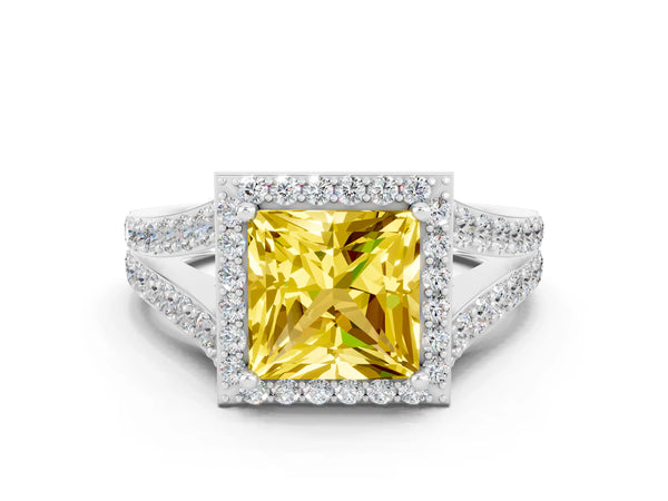 Platinum Princess Cut Yellow Sapphire Split Shank Halo Ring with Four-Prong Setting