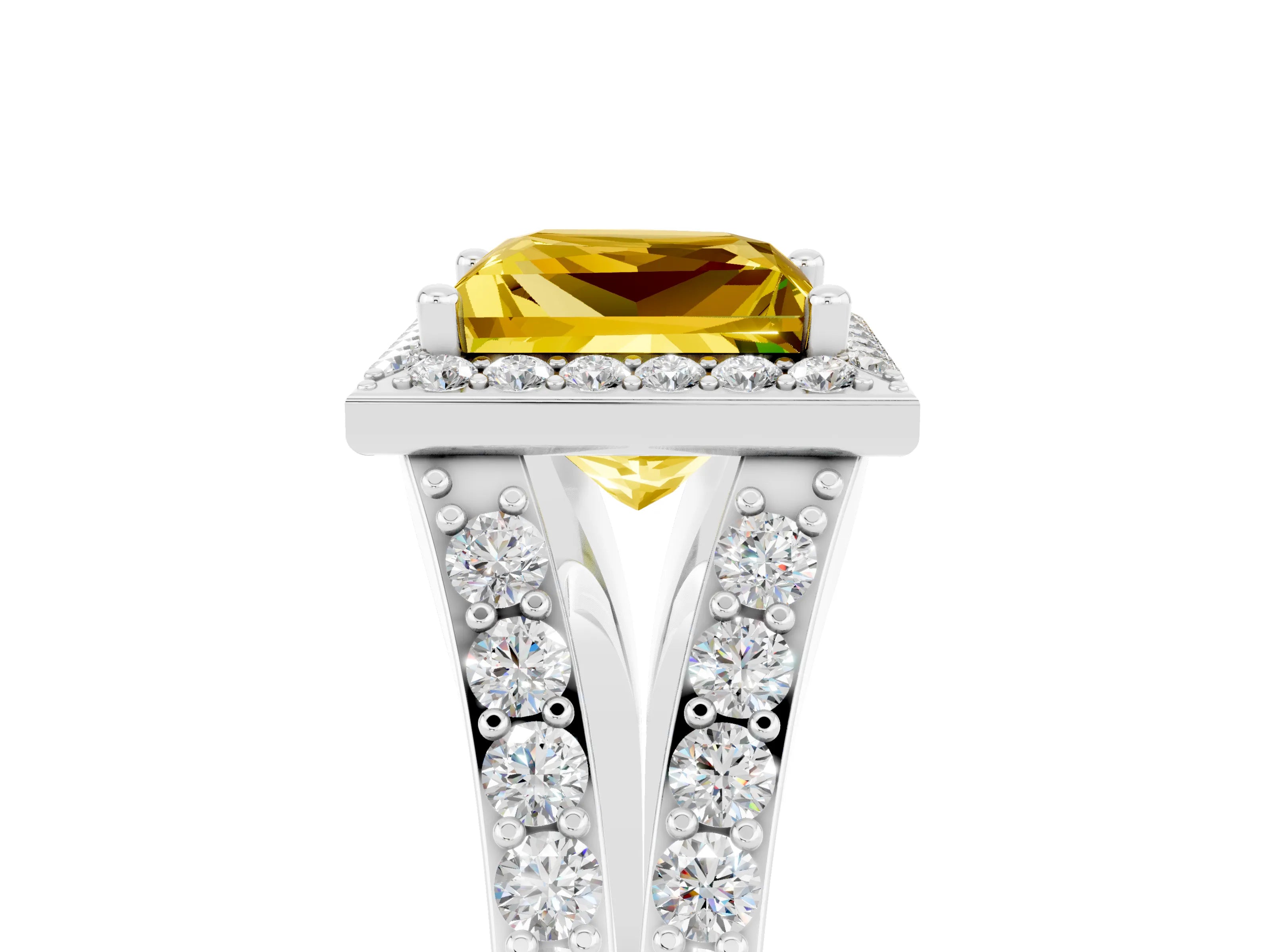 White gold Princess Cut Yellow Sapphire Split Shank Halo Ring with Four-Prong Setting_59