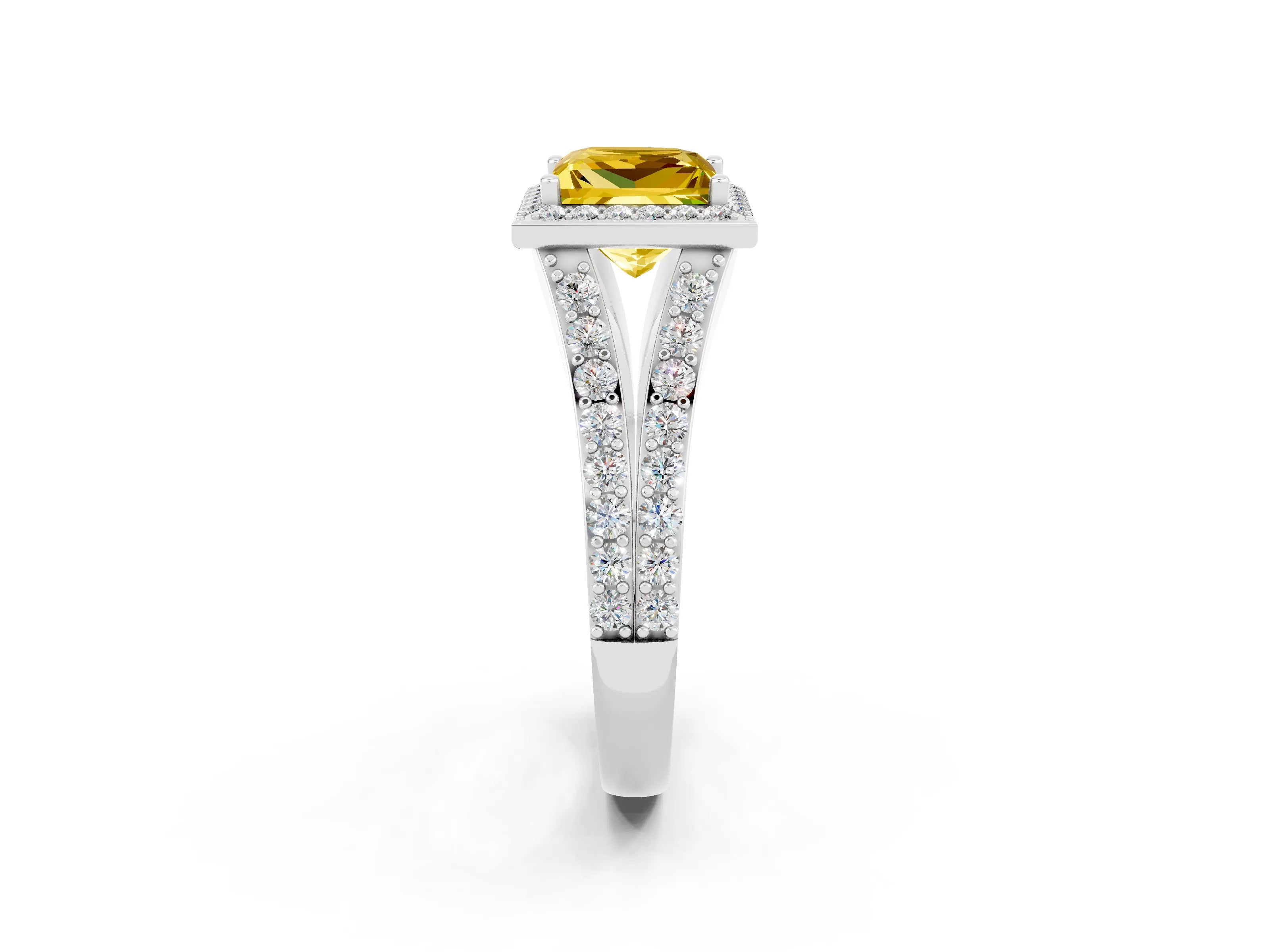 White gold Princess Cut Yellow Sapphire Split Shank Halo Ring with Four-Prong Setting_61