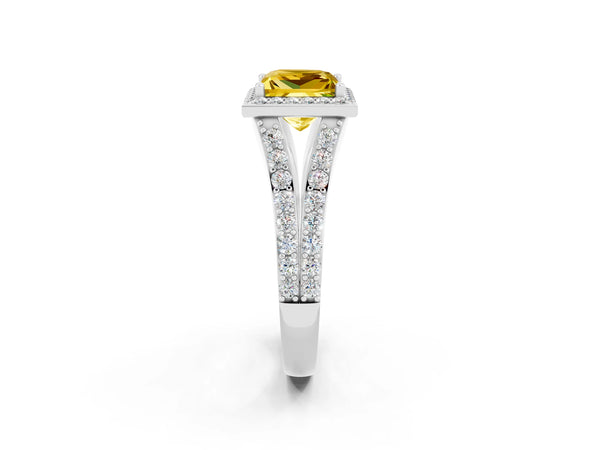 White gold Princess Cut Yellow Sapphire Split Shank Halo Ring with Four-Prong Setting