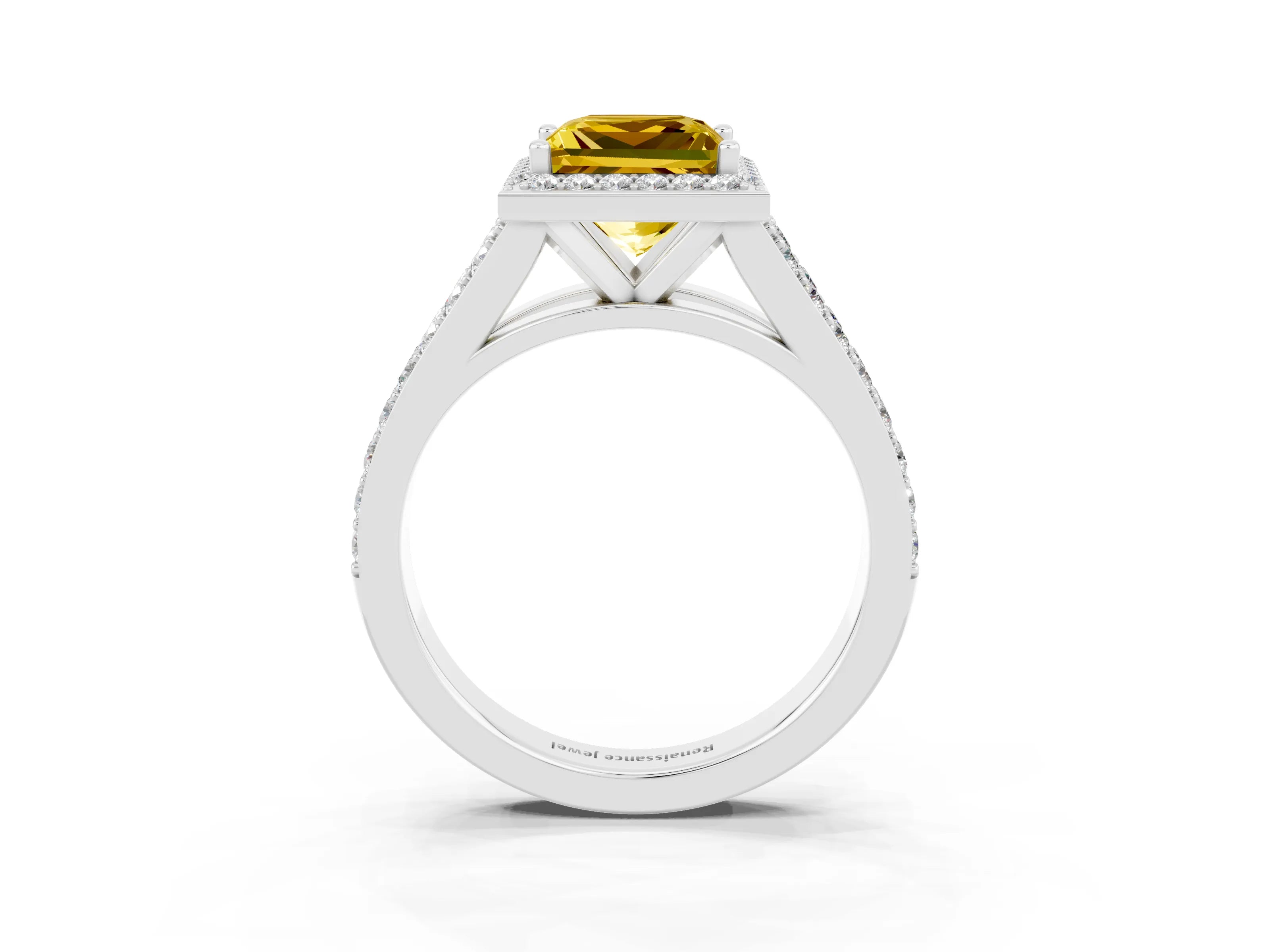 White gold Princess Cut Yellow Sapphire Split Shank Halo Ring with Four-Prong Setting_65