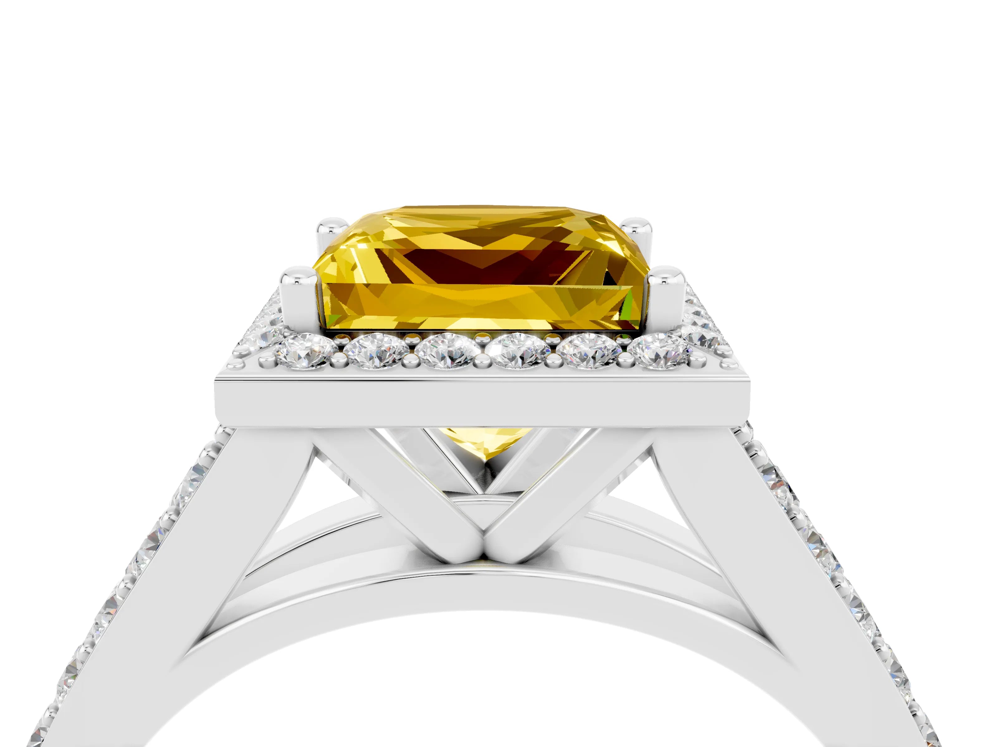 White gold Princess Cut Yellow Sapphire Split Shank Halo Ring with Four-Prong Setting_66