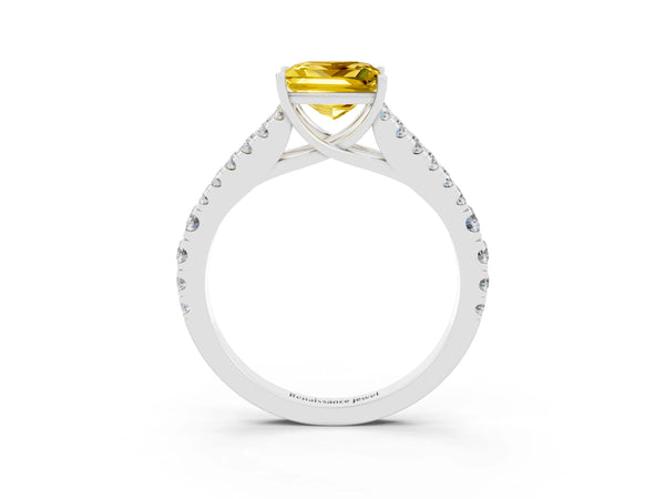 Platinum Princess Cut Yellow Sapphire Split Shank Pavé Engagement Ring with Four-Prong Setting