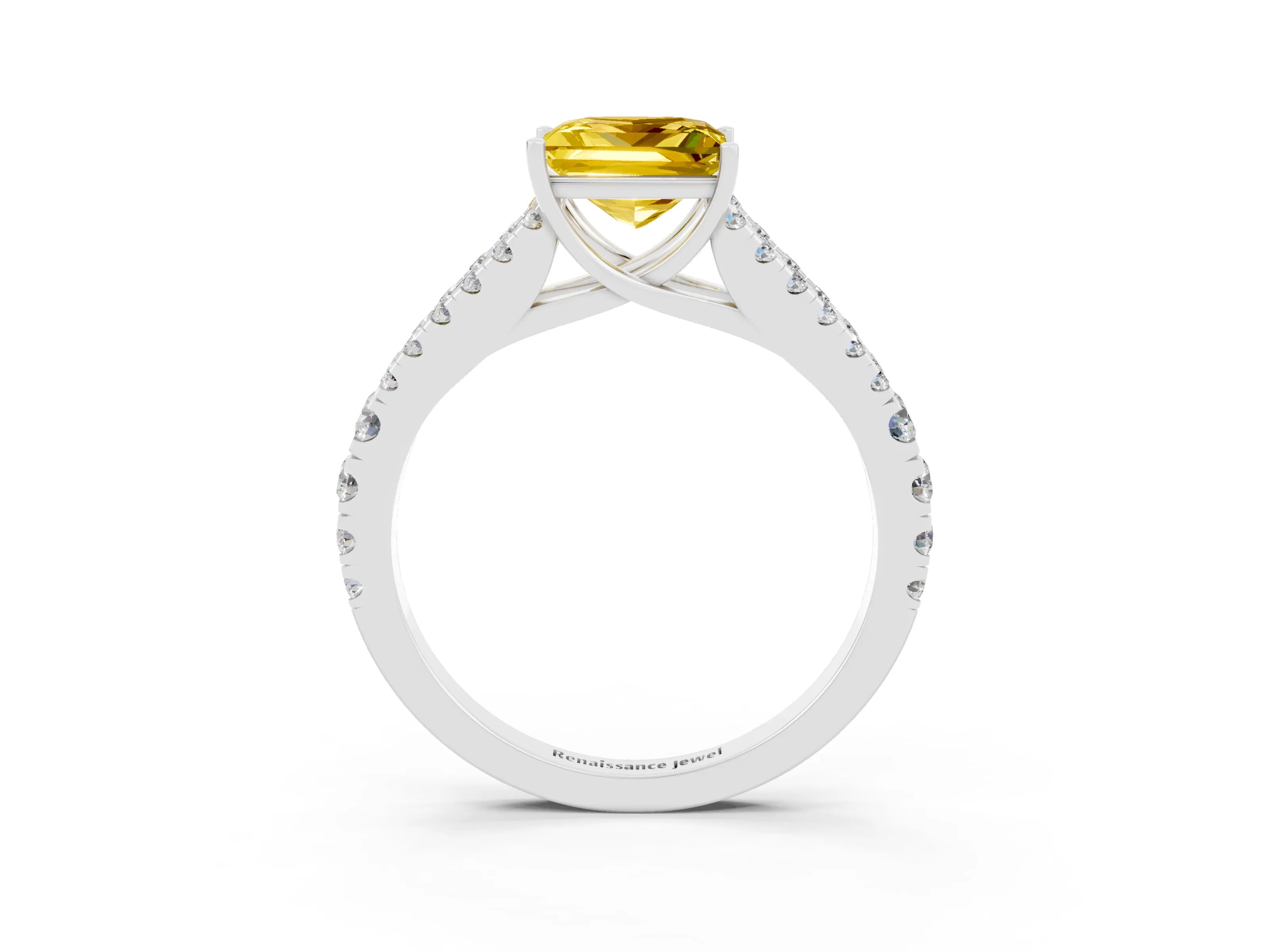 White gold Princess Cut Yellow Sapphire Split Shank Pavé Engagement Ring with Four-Prong Setting_15