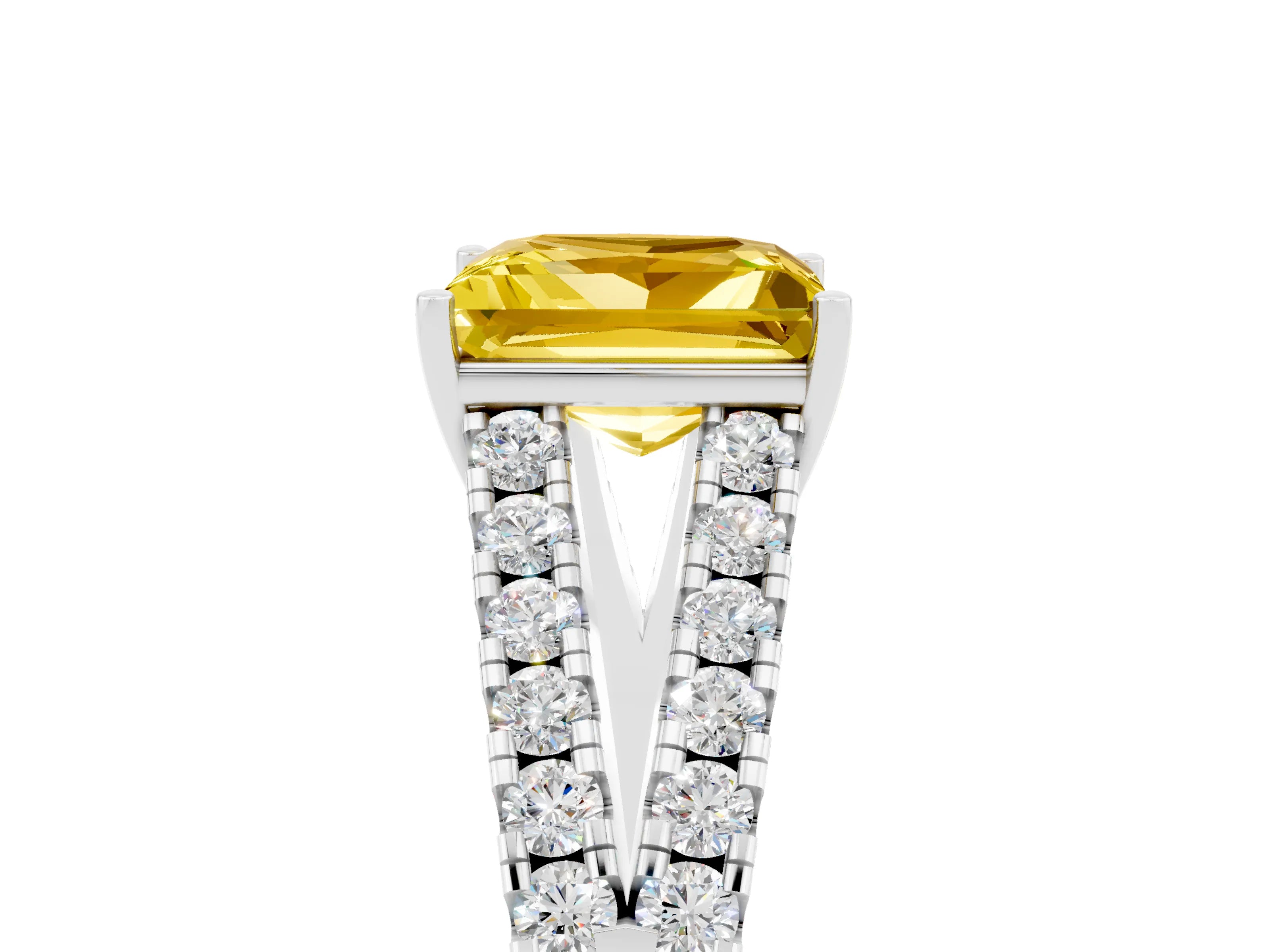 White gold Princess Cut Yellow Sapphire Split Shank Pavé Engagement Ring with Four-Prong Setting_17