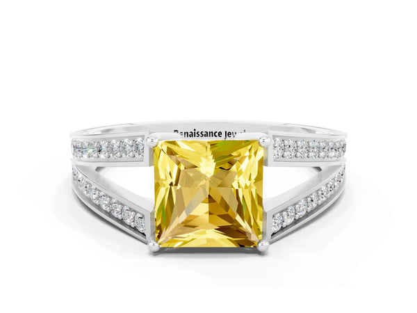 Platinum Princess Cut Yellow Sapphire Split Shank Ring with Pavé Band and Four-Prong Setting