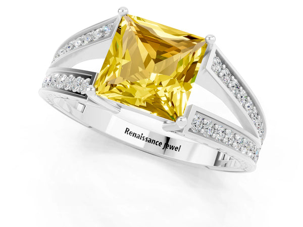 Platinum Princess Cut Yellow Sapphire Split Shank Ring with Pavé Band and Four-Prong Setting