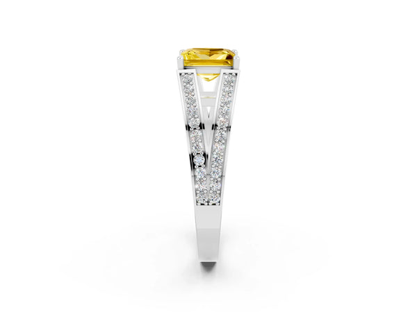 White gold Princess Cut Yellow Sapphire Split Shank Ring with Pavé Band and Four-Prong Setting