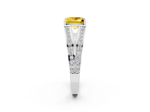 White gold Princess Cut Yellow Sapphire Split Shank Ring with Pavé Band and Four-Prong Setting_2