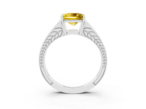 White gold Princess Cut Yellow Sapphire Split Shank Ring with Pavé Band and Four-Prong Setting_3
