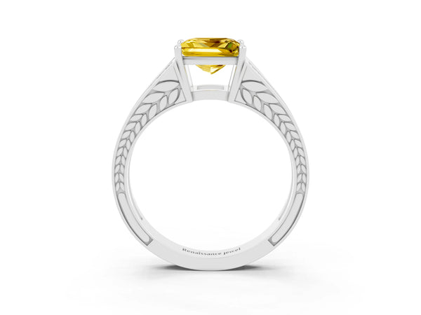 White gold Princess Cut Yellow Sapphire Split Shank Ring with Pavé Band and Four-Prong Setting