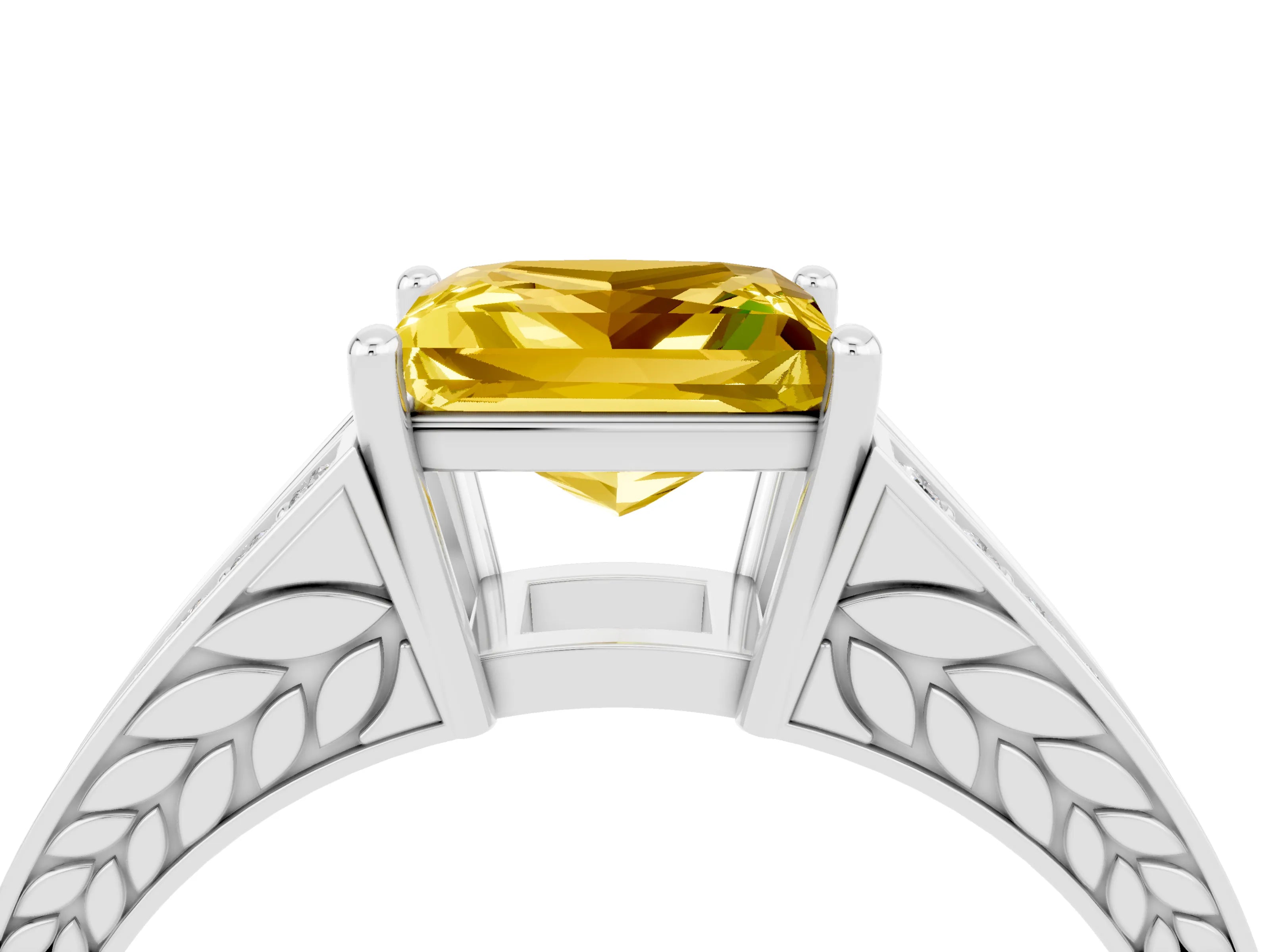 White gold Princess Cut Yellow Sapphire Split Shank Ring with Pavé Band and Four-Prong Setting_4