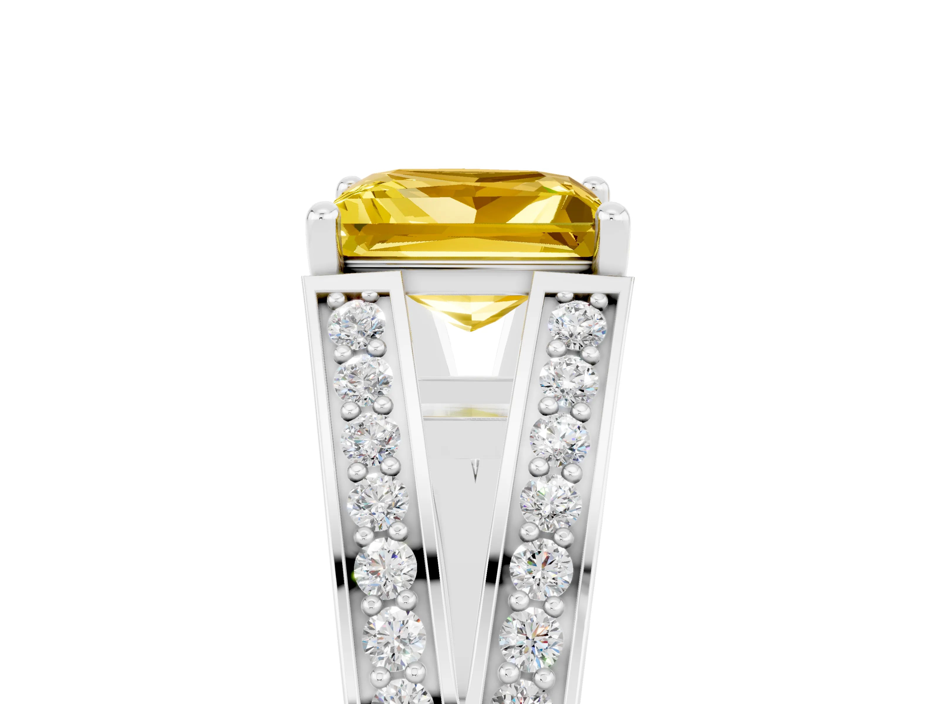 White gold Princess Cut Yellow Sapphire Split Shank Ring with Pavé Band and Four-Prong Setting_5