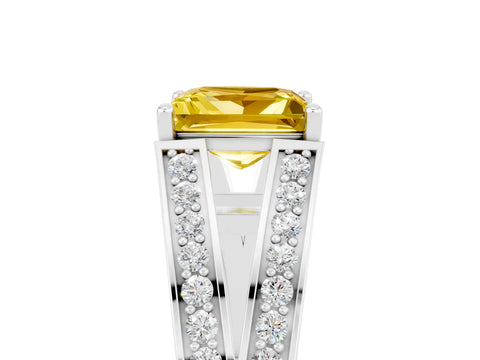 White gold Princess Cut Yellow Sapphire Split Shank Ring with Pavé Band and Four-Prong Setting_5