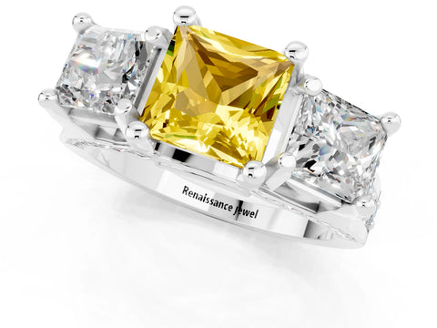 White gold Princess Cut Yellow Sapphire Three-Stone Ring with Channel Set Band and Four-Prong Setting_1