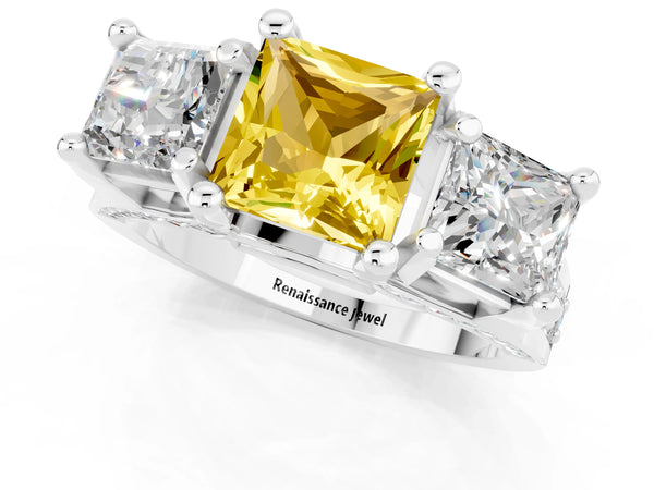 Silver Princess Cut Yellow Sapphire Three-Stone Ring with Channel Set Band and Four-Prong Setting