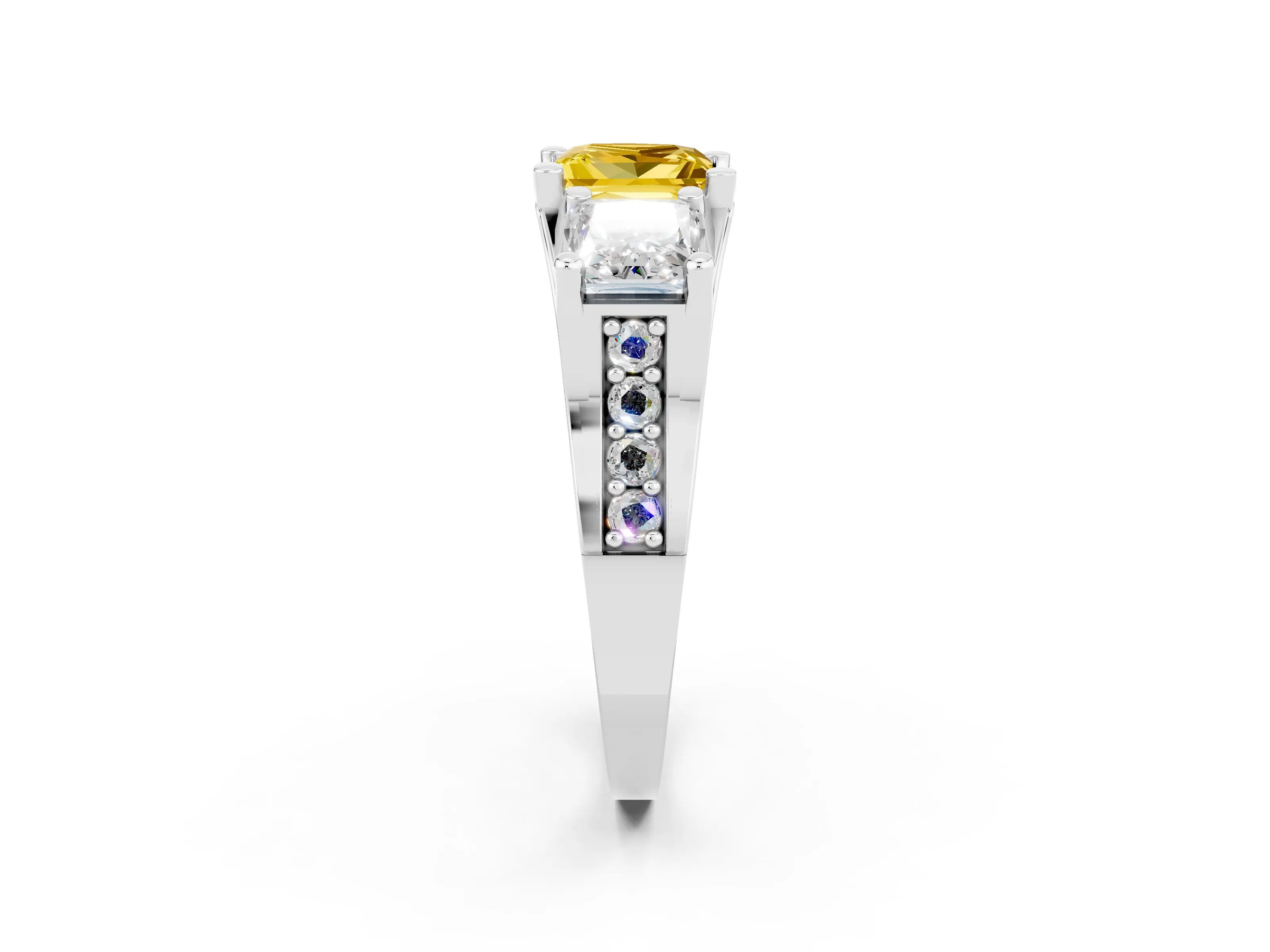 White gold Princess Cut Yellow Sapphire Three-Stone Ring with Channel Set Band and Four-Prong Setting_2