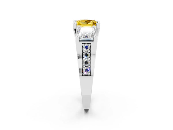 Silver Princess Cut Yellow Sapphire Three-Stone Ring with Channel Set Band and Four-Prong Setting