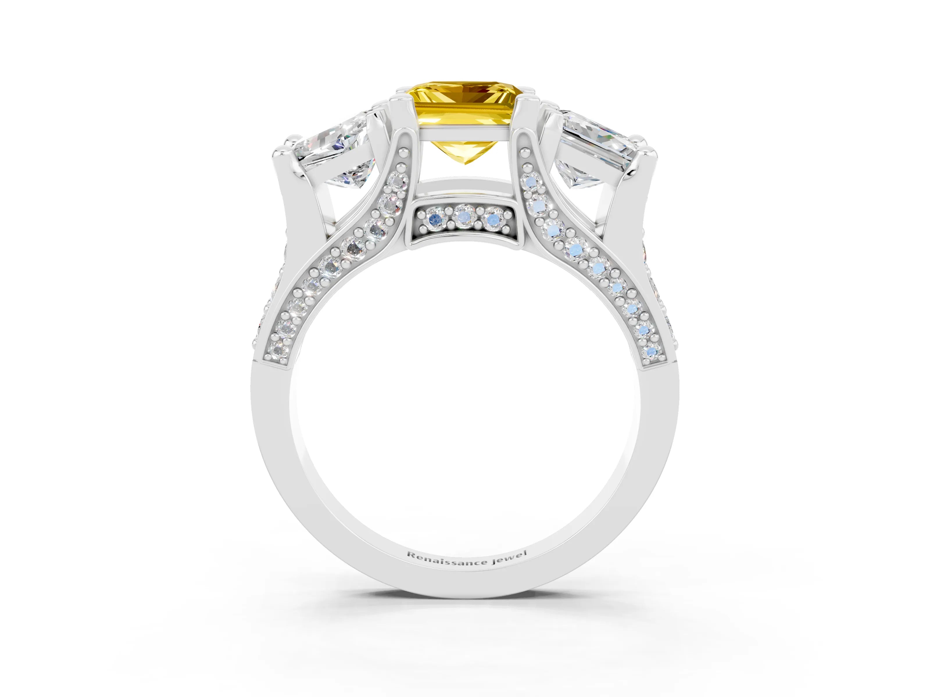 White gold Princess Cut Yellow Sapphire Three-Stone Ring with Channel Set Band and Four-Prong Setting_3