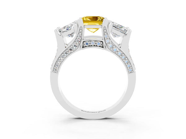 Silver Princess Cut Yellow Sapphire Three-Stone Ring with Channel Set Band and Four-Prong Setting