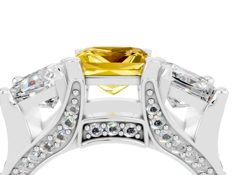 White gold Princess Cut Yellow Sapphire Three-Stone Ring with Channel Set Band and Four-Prong Setting_4