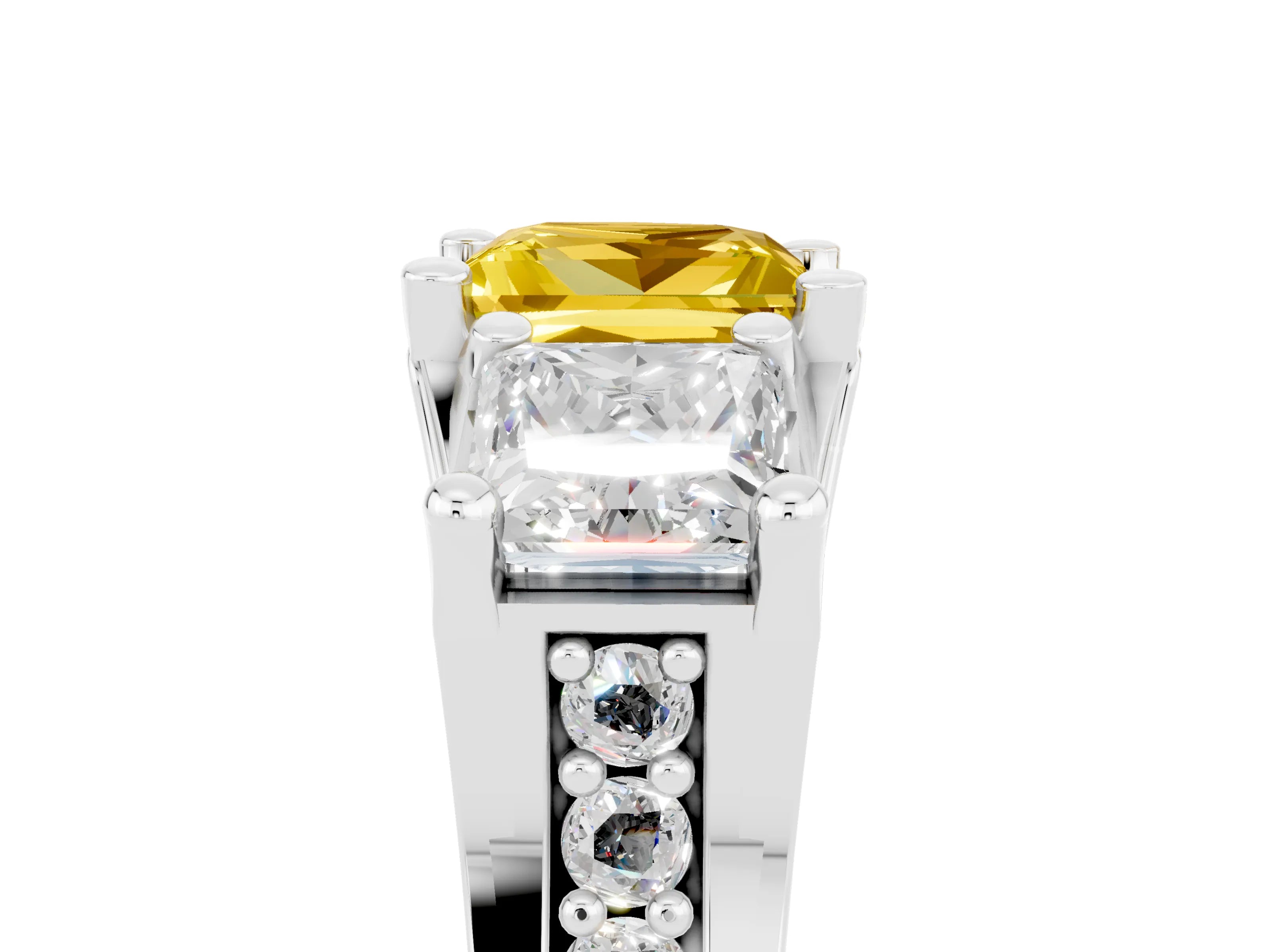 White gold Princess Cut Yellow Sapphire Three-Stone Ring with Channel Set Band and Four-Prong Setting_5