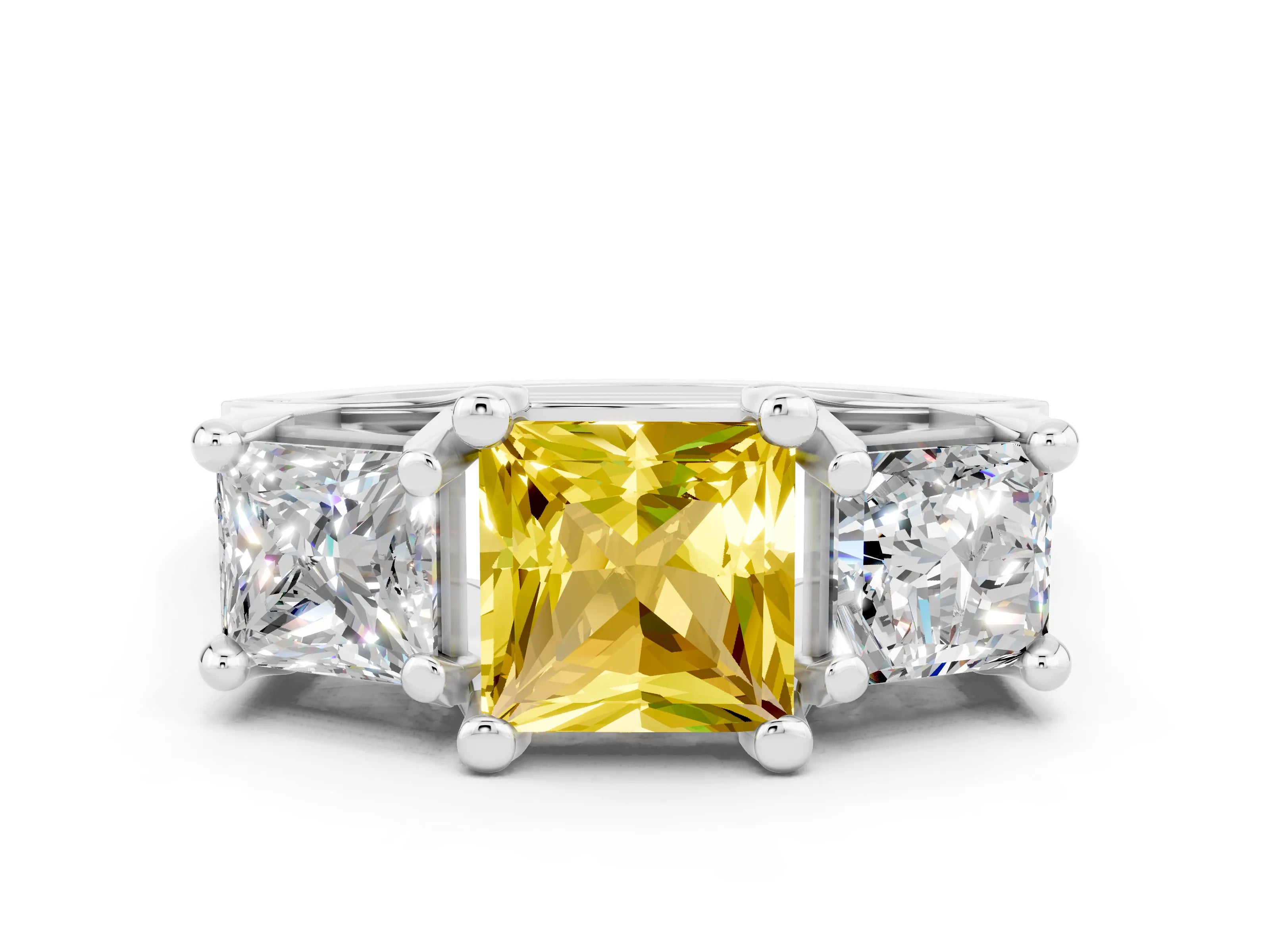 White gold Princess Cut Yellow Sapphire Three-Stone Ring with Channel Set Band and Four-Prong Setting