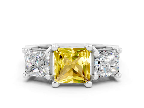 White gold Princess Cut Yellow Sapphire Three-Stone Ring with Channel Set Band and Four-Prong Setting