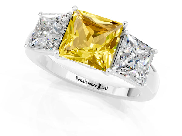 Platinum Princess Cut Yellow Sapphire Three-Stone Ring with Four-Prong Setting and Classic Band