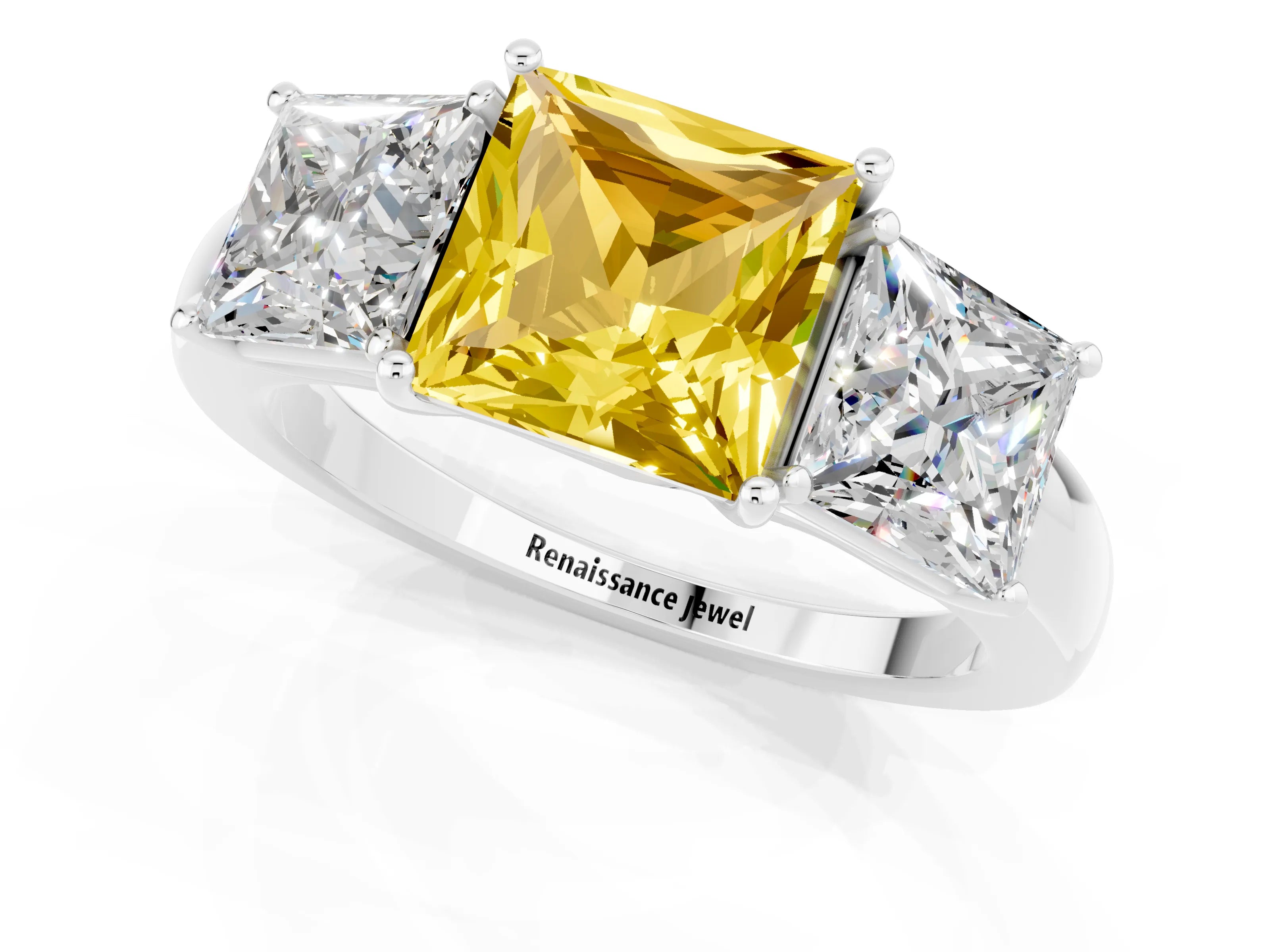 White gold Princess Cut Yellow Sapphire Three-Stone Ring with Four-Prong Setting and Classic Band_1