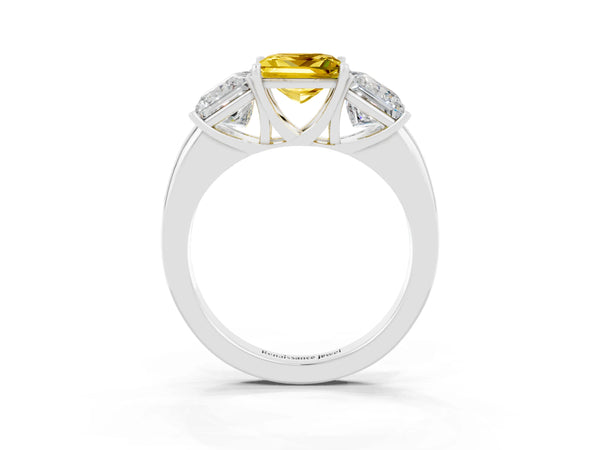 Platinum Princess Cut Yellow Sapphire Three-Stone Ring with Four-Prong Setting and Classic Band