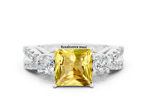White gold Princess Cut Yellow Sapphire Three-Stone Ring with Pavé Split Shank and Four-Prong Setting_24