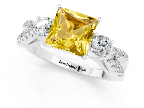 White gold Princess Cut Yellow Sapphire Three-Stone Ring with Pavé Split Shank and Four-Prong Setting_25
