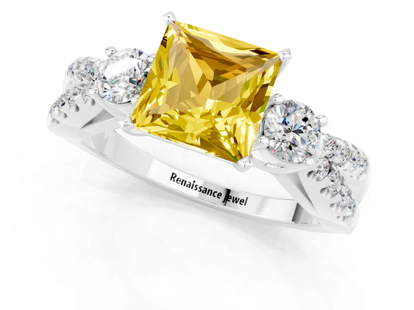 Silver Princess Cut Yellow Sapphire Three-Stone Ring with Pavé Split Shank and Four-Prong Setting
