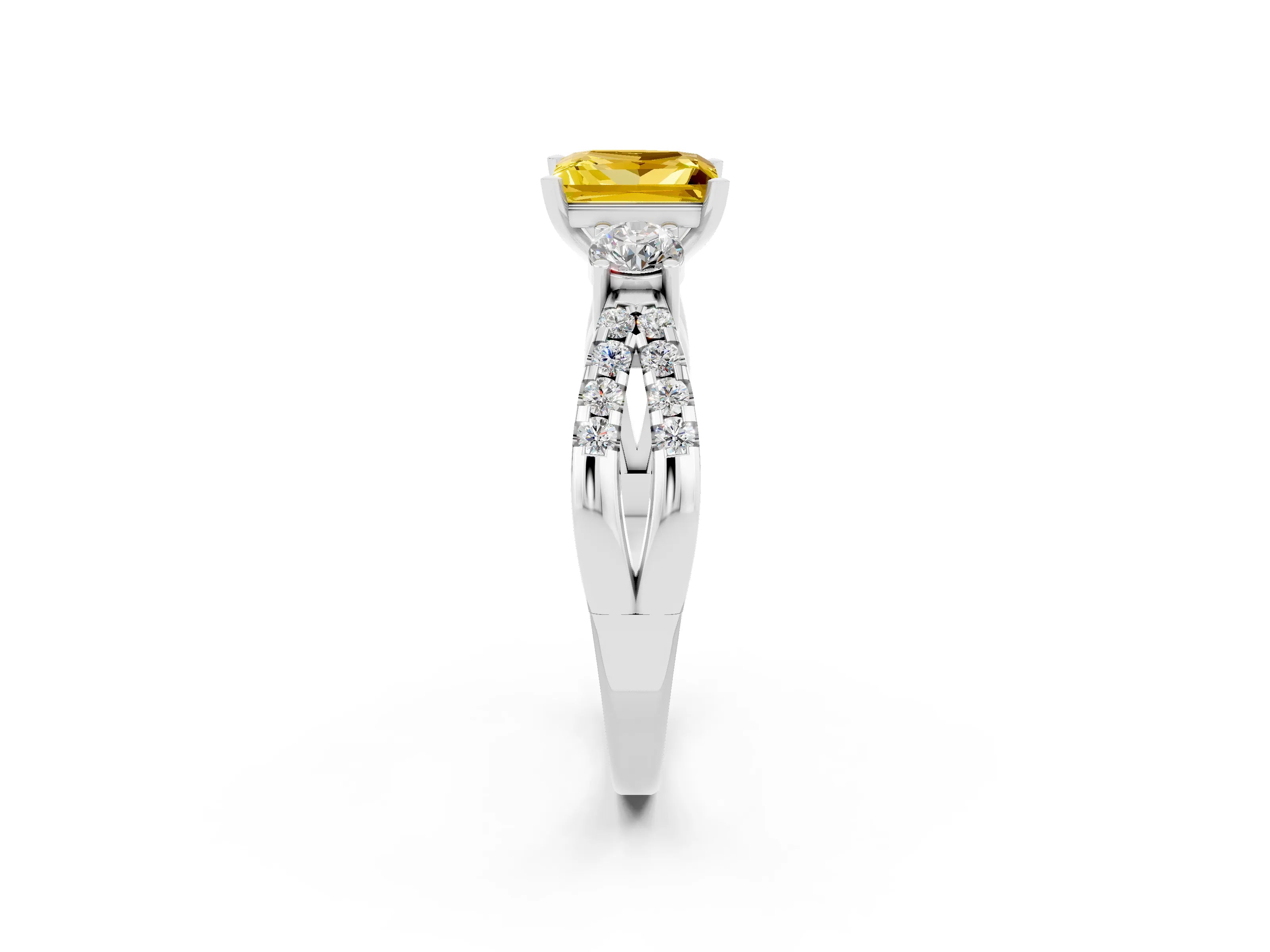 White gold Princess Cut Yellow Sapphire Three-Stone Ring with Pavé Split Shank and Four-Prong Setting_26