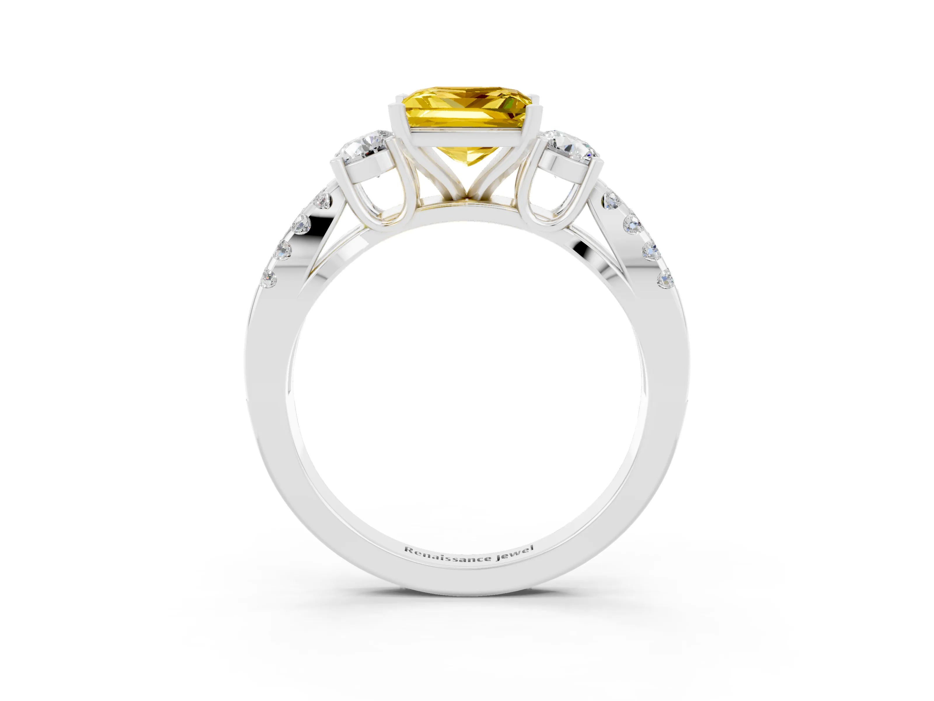 White gold Princess Cut Yellow Sapphire Three-Stone Ring with Pavé Split Shank and Four-Prong Setting_27