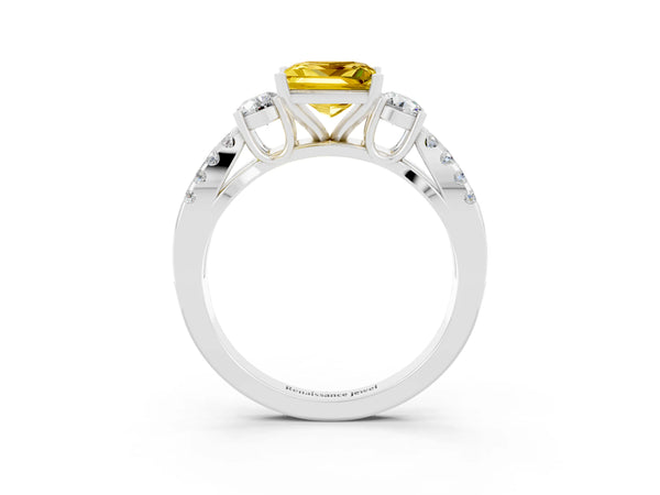 Platinum Princess Cut Yellow Sapphire Three-Stone Ring with Pavé Split Shank and Four-Prong Setting