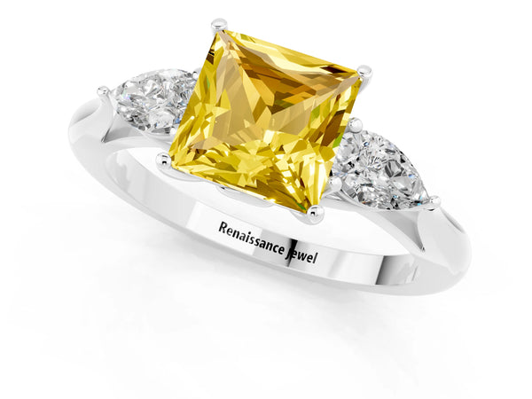 Platinum Princess Cut Yellow Sapphire Three-Stone Ring with Pear  Side Stones and Prong Setting