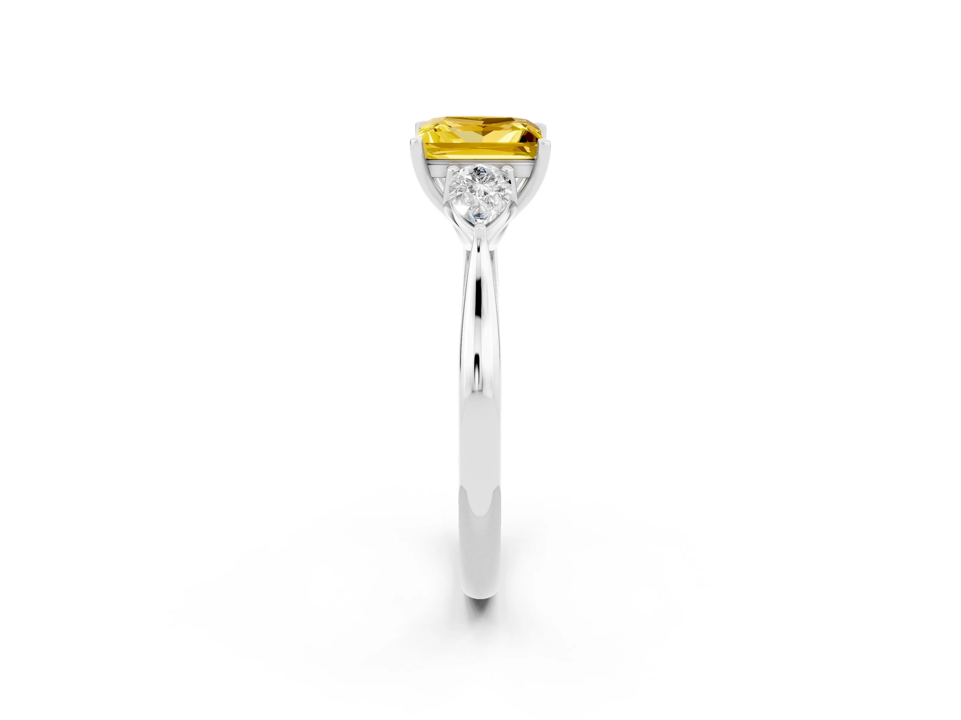 White gold Princess Cut Yellow Sapphire Three-Stone Ring with Pear Side Stones and Four-Prong Setting_14
