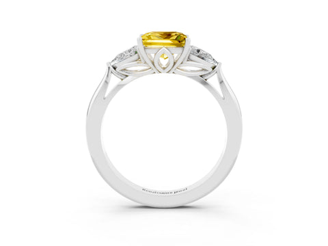 White gold Princess Cut Yellow Sapphire Three-Stone Ring with Pear Side Stones and Four-Prong Setting_15