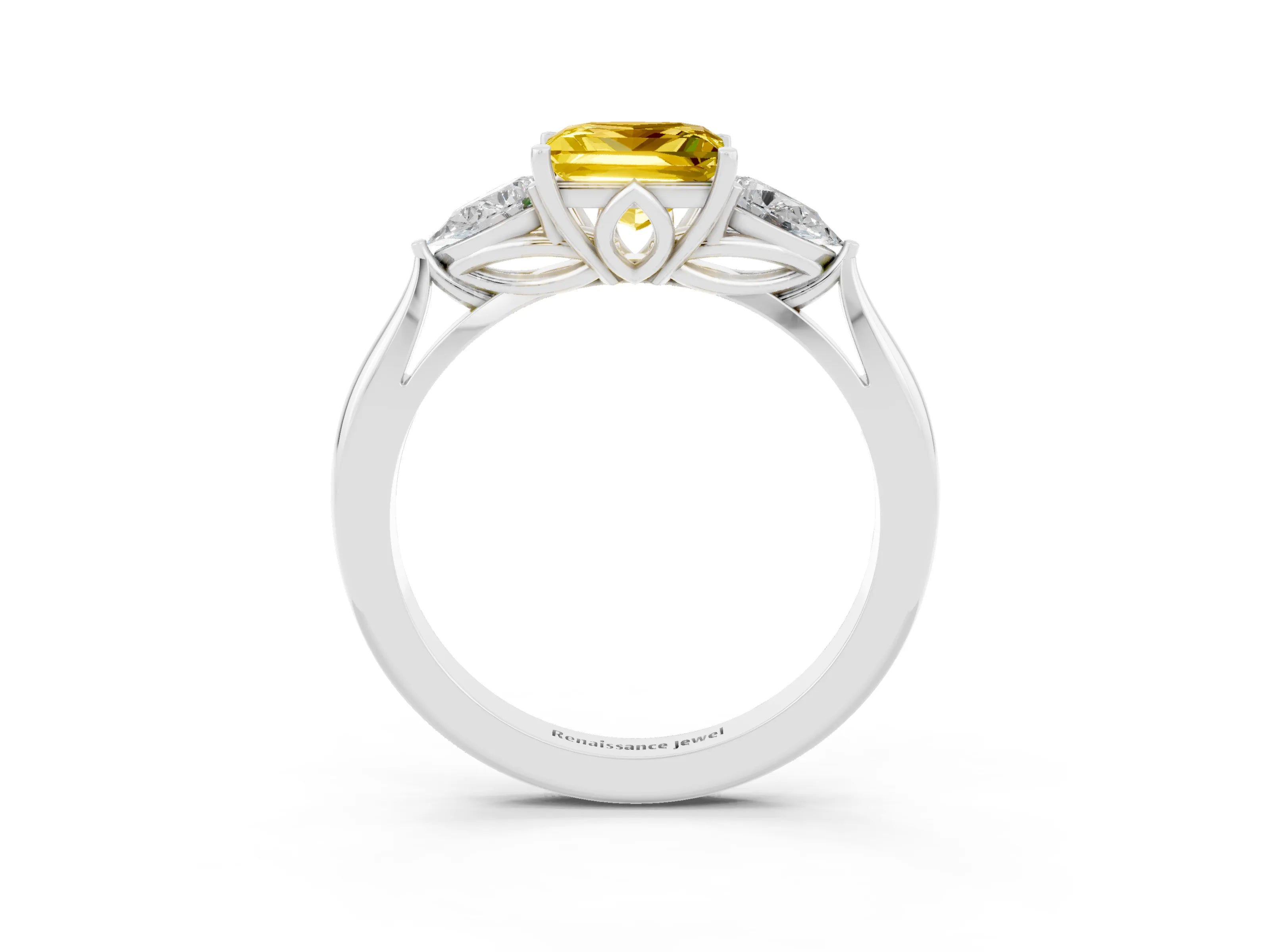 White gold Princess Cut Yellow Sapphire Three-Stone Ring with Pear Side Stones and Four-Prong Setting_15