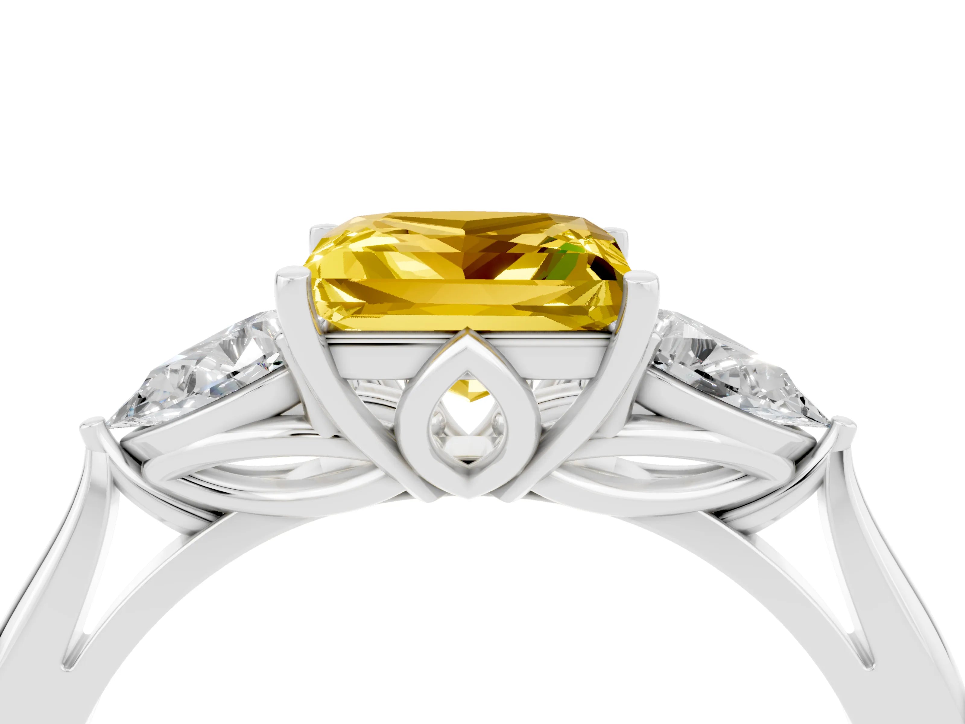 White gold Princess Cut Yellow Sapphire Three-Stone Ring with Pear Side Stones and Four-Prong Setting_16