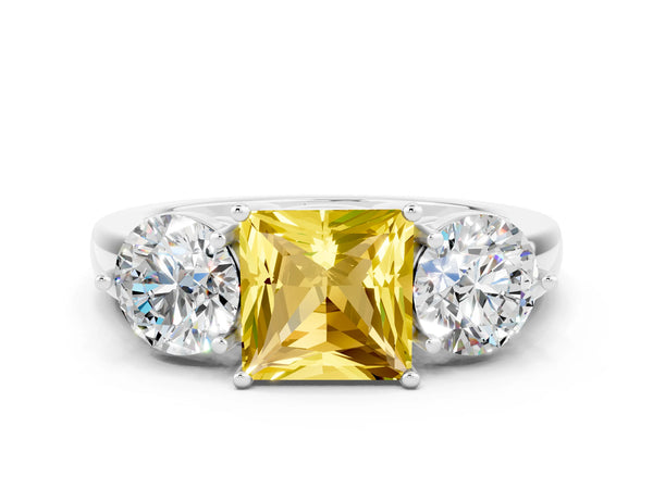Platinum Princess Cut Yellow Sapphire Three-Stone Ring with Prong Setting and Classic Band