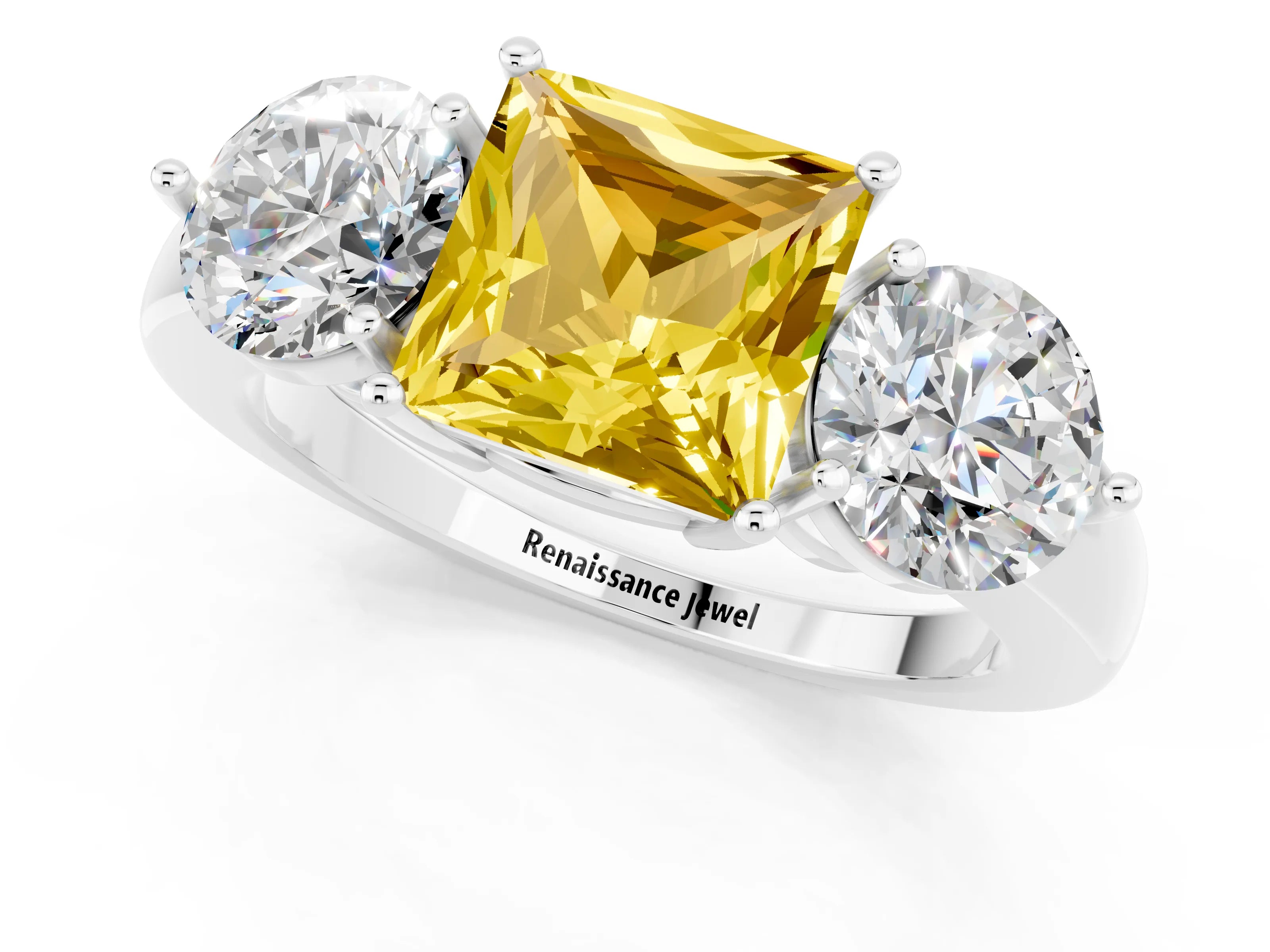 White gold Princess Cut Yellow Sapphire Three-Stone Ring with Prong Setting and Classic Band_1