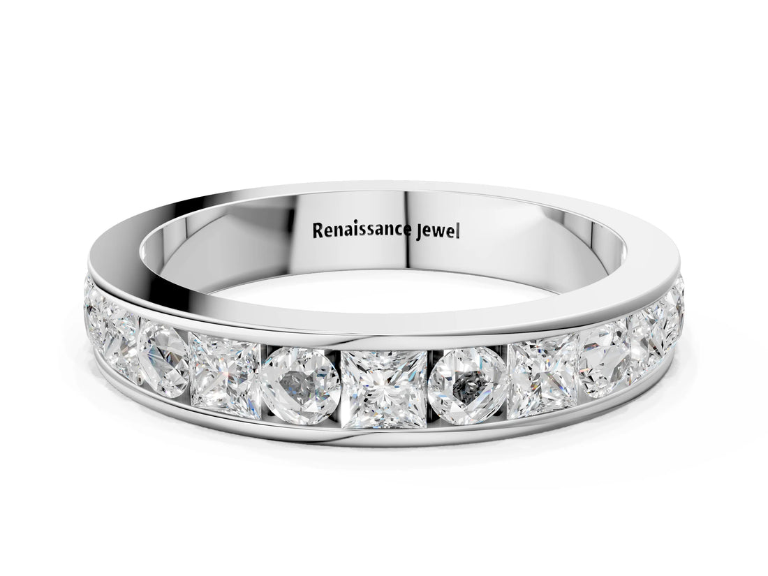 White gold Princess Diamond Channel Set Promise Ring with Round Diamond Accents