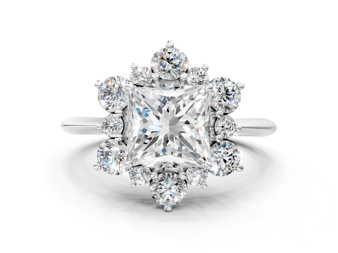 White gold Princess Diamond Cluster Halo Ring with Solitaire Band and Four-Prong Setting_20