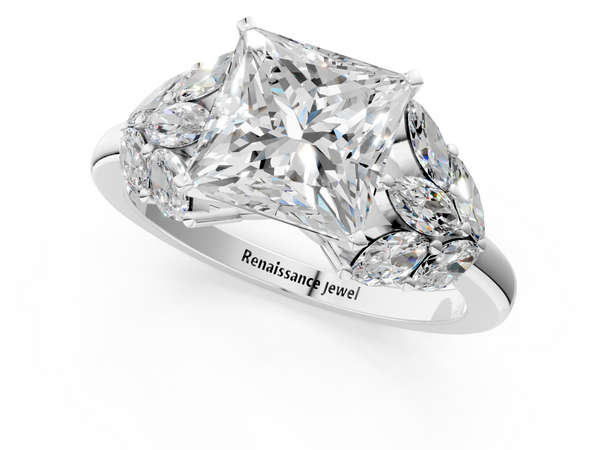 Platinum Princess Diamond Cluster Leaf Design Ring with Prong Setting