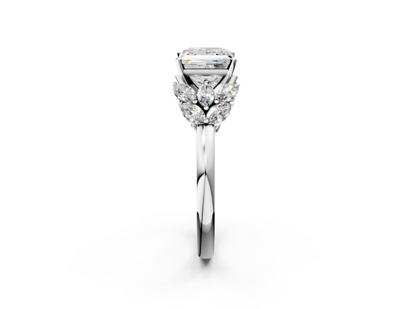 Platinum Princess Diamond Cluster Leaf Design Ring with Prong Setting